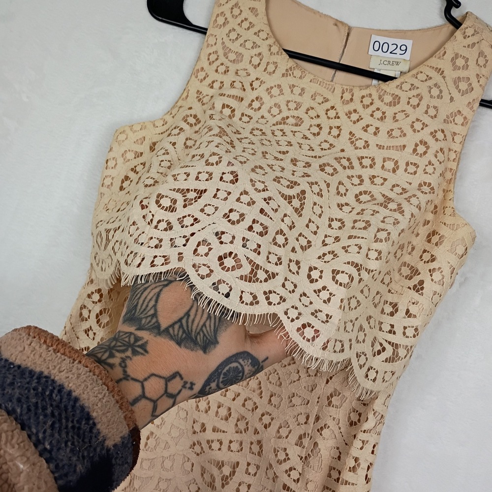 J.Crew Tan Beige Corded Lace Popover‎ Mini Dress Scalloped Hem Sleeveless 00 - Picture 4 of 8